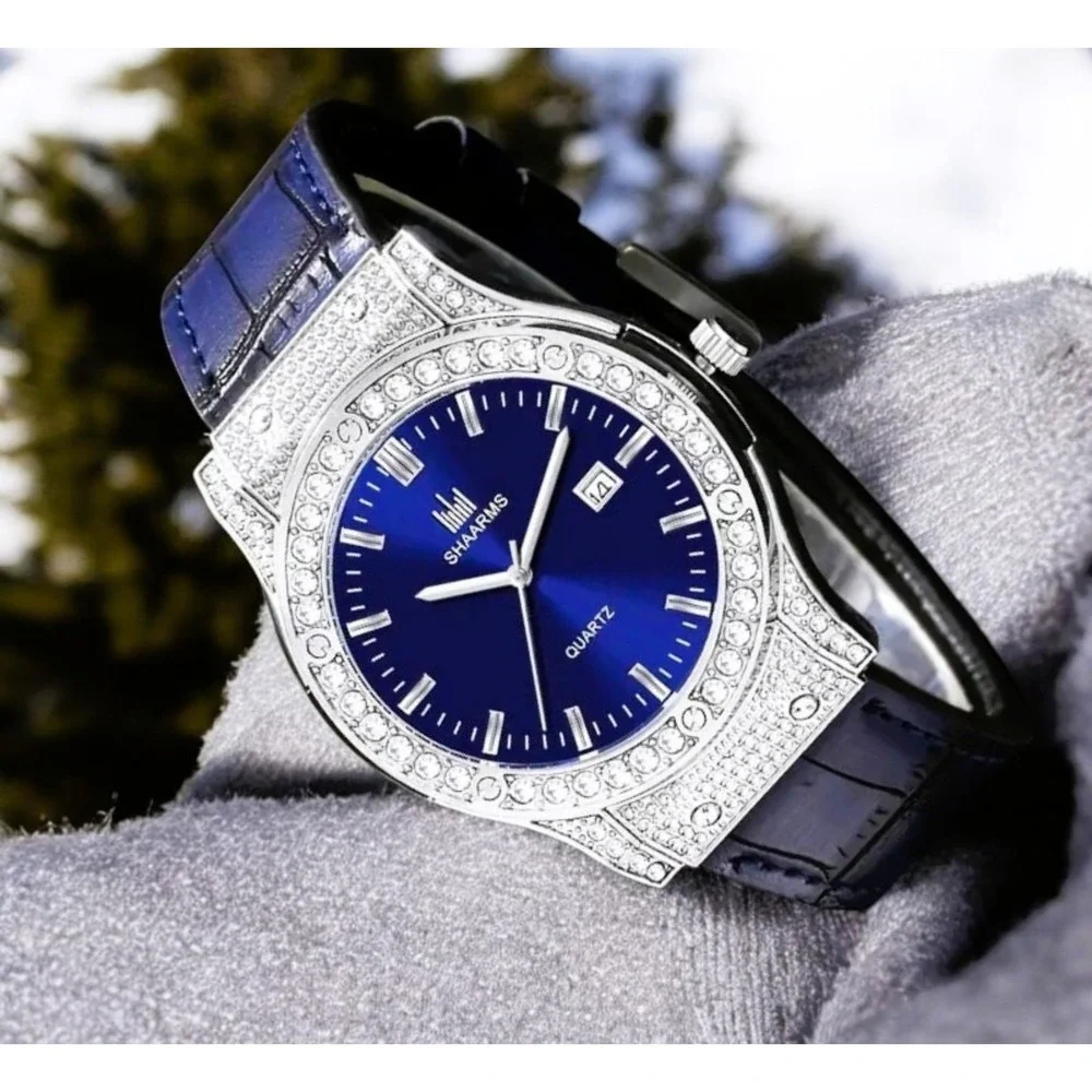 Shaarms Mens Quartz Watch Blue Dial Crystal Bezel Leather Strap Date‎ New